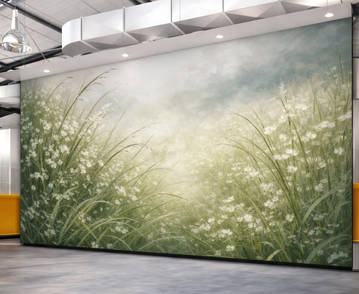 Fototapeta Gęsta zielona murawa z subtelnymi białymi kwiatami, łagodnie zmiękczony nadruk w jasnych tonacjach, tworzący harmonijny pejzaż.