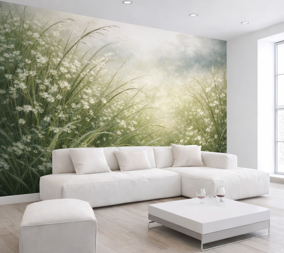 Fototapeta Gęsta zielona murawa z subtelnymi białymi kwiatami, łagodnie zmiękczony nadruk w jasnych tonacjach, tworzący harmonijny pejzaż.