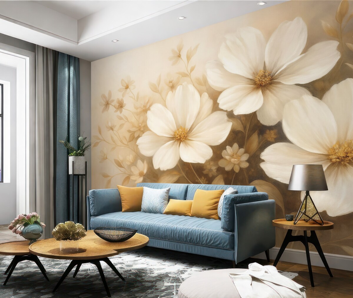 Fototapeta Pomalowane na biało rośliny z delikatnymi płatkami i subtelnymi liśćmi na jasnobeżowym oraz kremowym tle.