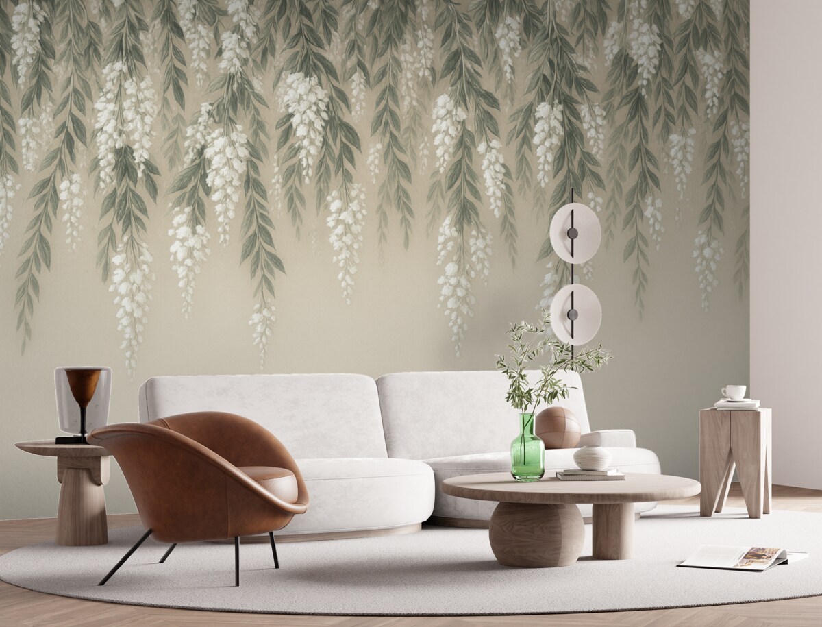 Fototapeta Kaskadowe gałęzie w odcieniach delikatnej zieleni z białymi kwiatami i liśćmi na jasnobeżowym tle.