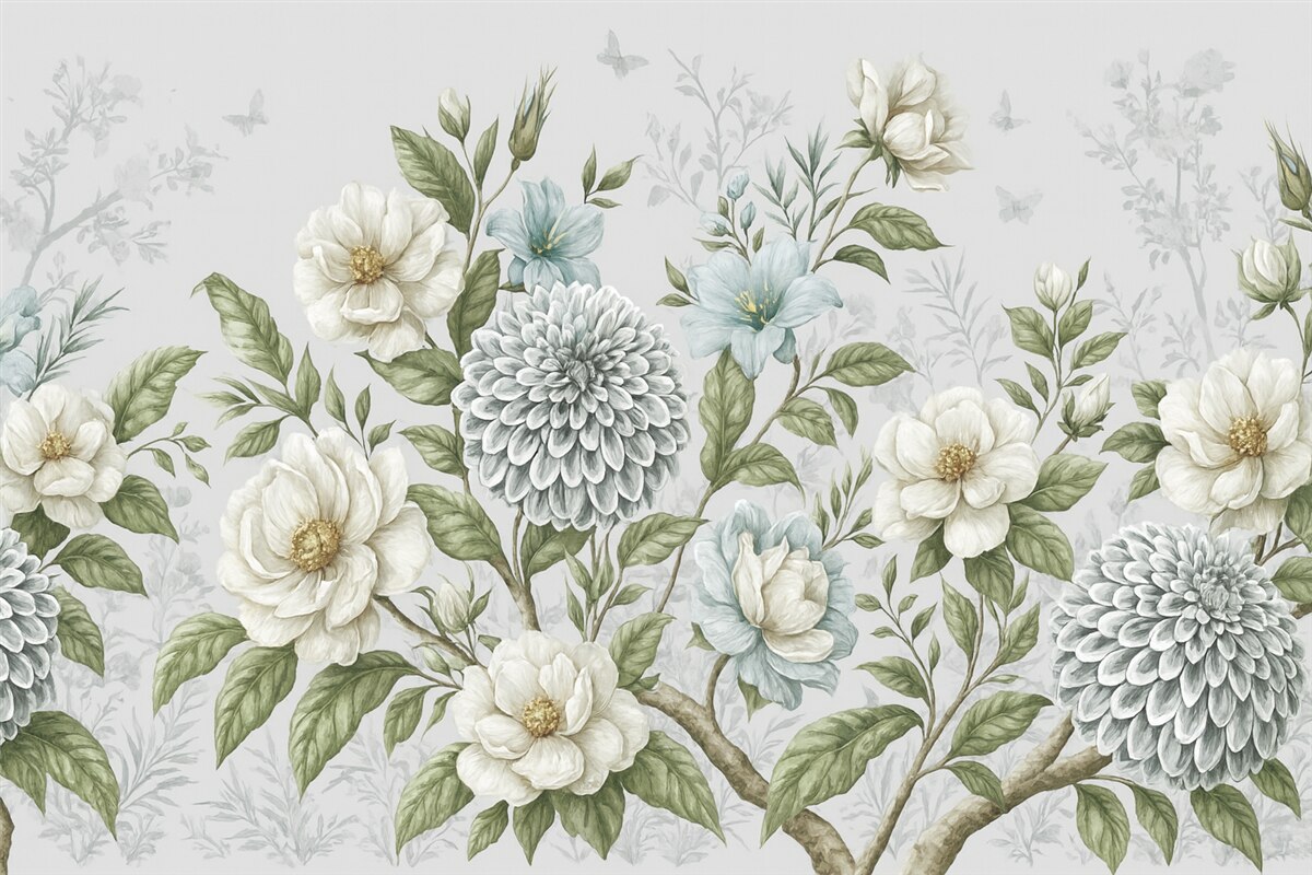 Fototapeta Wzór kwiatowy ukazujący chryzantemy, subtelne niebieskie kwiaty oraz zielone liście związane z gałązkami.