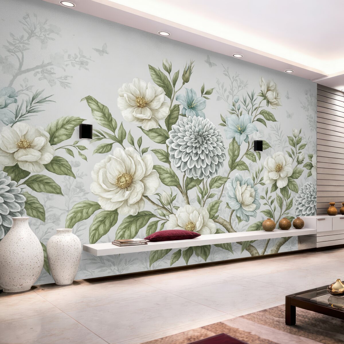 Fototapeta Wzór kwiatowy ukazujący chryzantemy, subtelne niebieskie kwiaty oraz zielone liście związane z gałązkami.