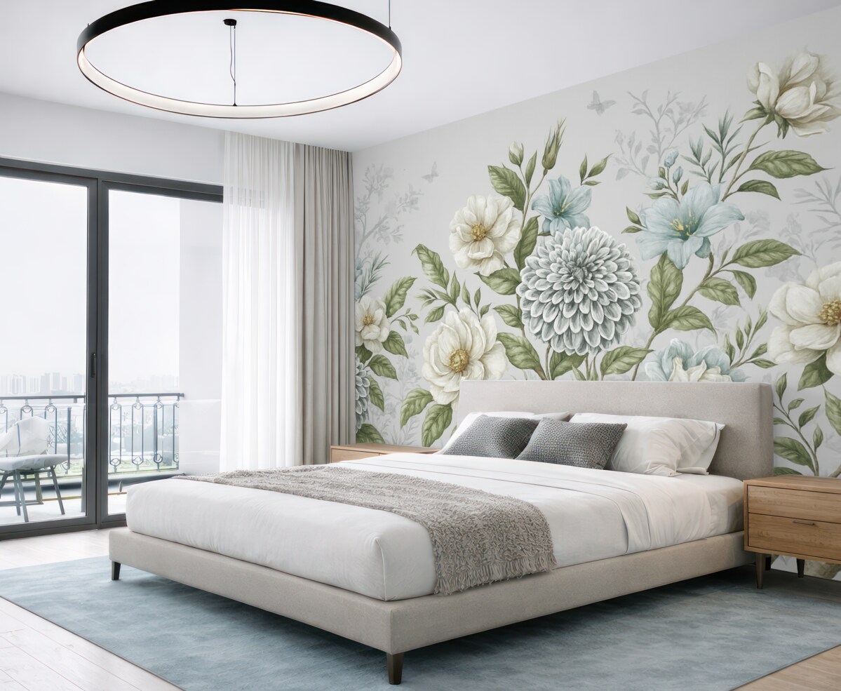 Fototapeta Wzór kwiatowy ukazujący chryzantemy, subtelne niebieskie kwiaty oraz zielone liście związane z gałązkami.