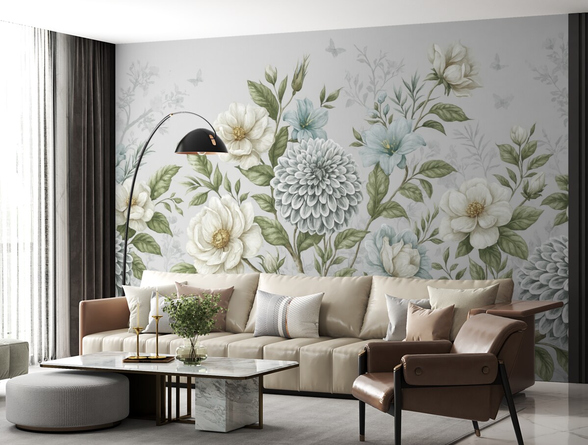 Fototapeta Wzór kwiatowy ukazujący chryzantemy, subtelne niebieskie kwiaty oraz zielone liście związane z gałązkami.