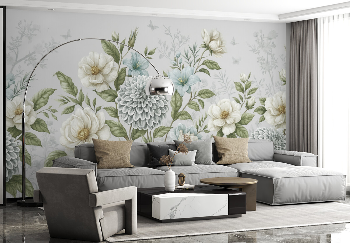 Fototapeta Wzór kwiatowy ukazujący chryzantemy, subtelne niebieskie kwiaty oraz zielone liście związane z gałązkami.