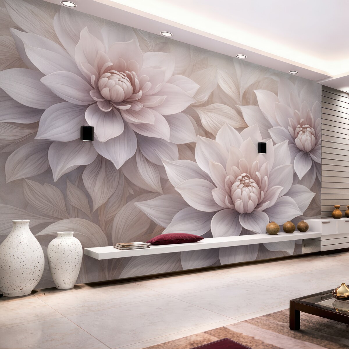 Fototapeta Miękkie, wielowarstwowe kwiaty w tonacjach jasnego różu, lawendy i bieli z subtelnymi płatkami oraz wyszukanymi detalami.