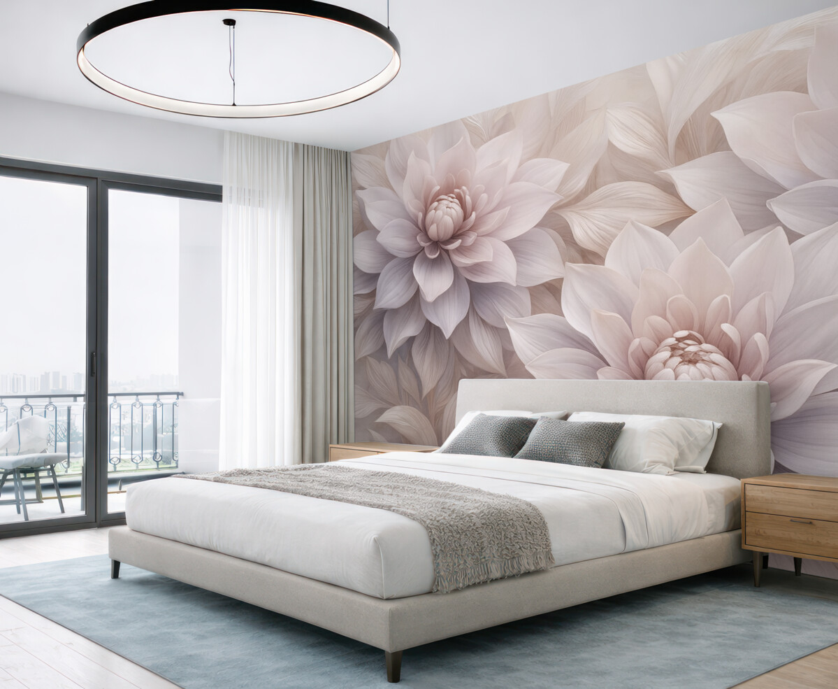 Fototapeta Miękkie, wielowarstwowe kwiaty w tonacjach jasnego różu, lawendy i bieli z subtelnymi płatkami oraz wyszukanymi detalami.