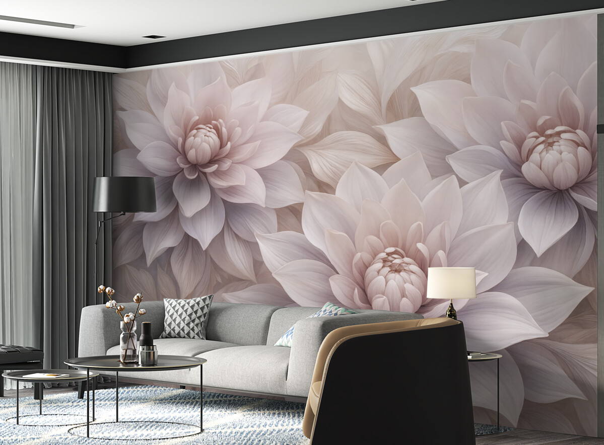 Fototapeta Miękkie, wielowarstwowe kwiaty w tonacjach jasnego różu, lawendy i bieli z subtelnymi płatkami oraz wyszukanymi detalami.