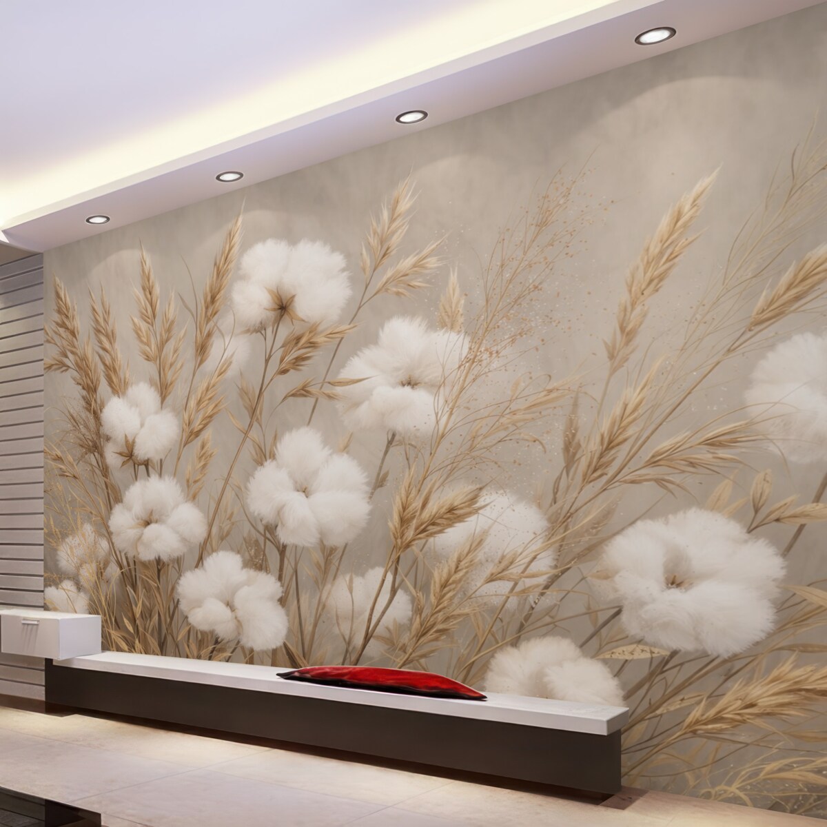 Fototapeta Delikatne, puszyste białe bawełniane kwiaty oraz wysokie pomarańczowe kłoski traw na subtelnym beżowym tle.