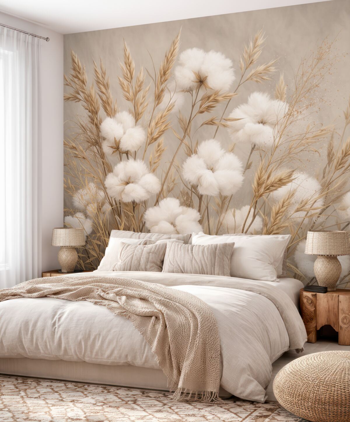 Fototapeta Delikatne, puszyste białe bawełniane kwiaty oraz wysokie pomarańczowe kłoski traw na subtelnym beżowym tle.