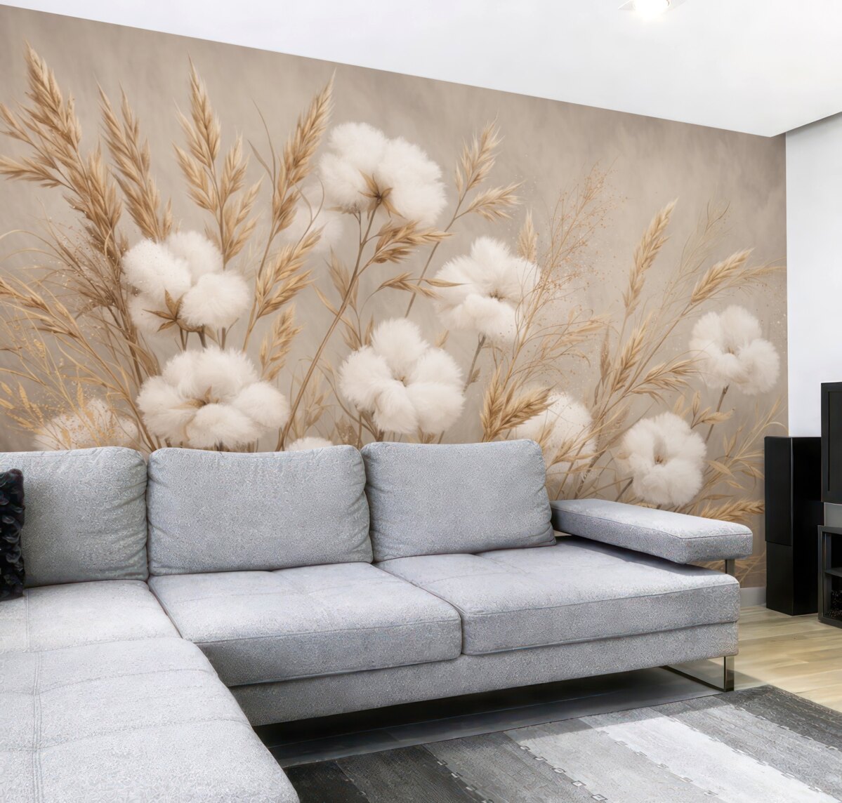 Fototapeta Delikatne, puszyste białe bawełniane kwiaty oraz wysokie pomarańczowe kłoski traw na subtelnym beżowym tle.