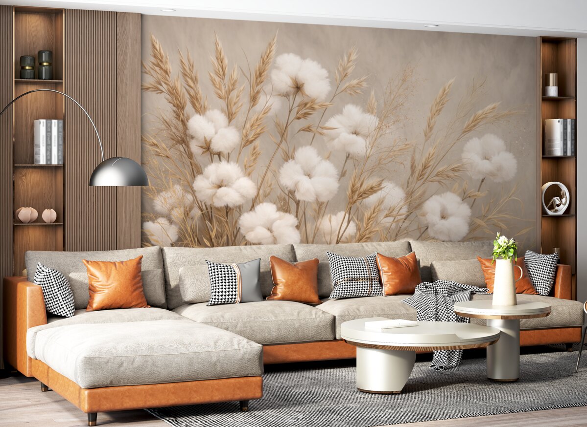 Fototapeta Delikatne, puszyste białe bawełniane kwiaty oraz wysokie pomarańczowe kłoski traw na subtelnym beżowym tle.