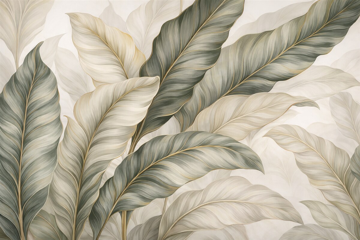 Fototapeta Wielkie, stylizowane, teksturowe liście z dokładnymi żyłkami w różnych tonacjach zieleni, kremu i beżu.