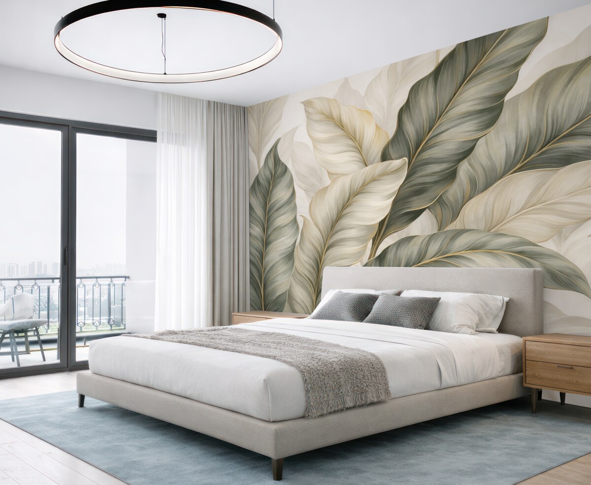 Fototapeta Wielkie, stylizowane, teksturowe liście z dokładnymi żyłkami w różnych tonacjach zieleni, kremu i beżu.