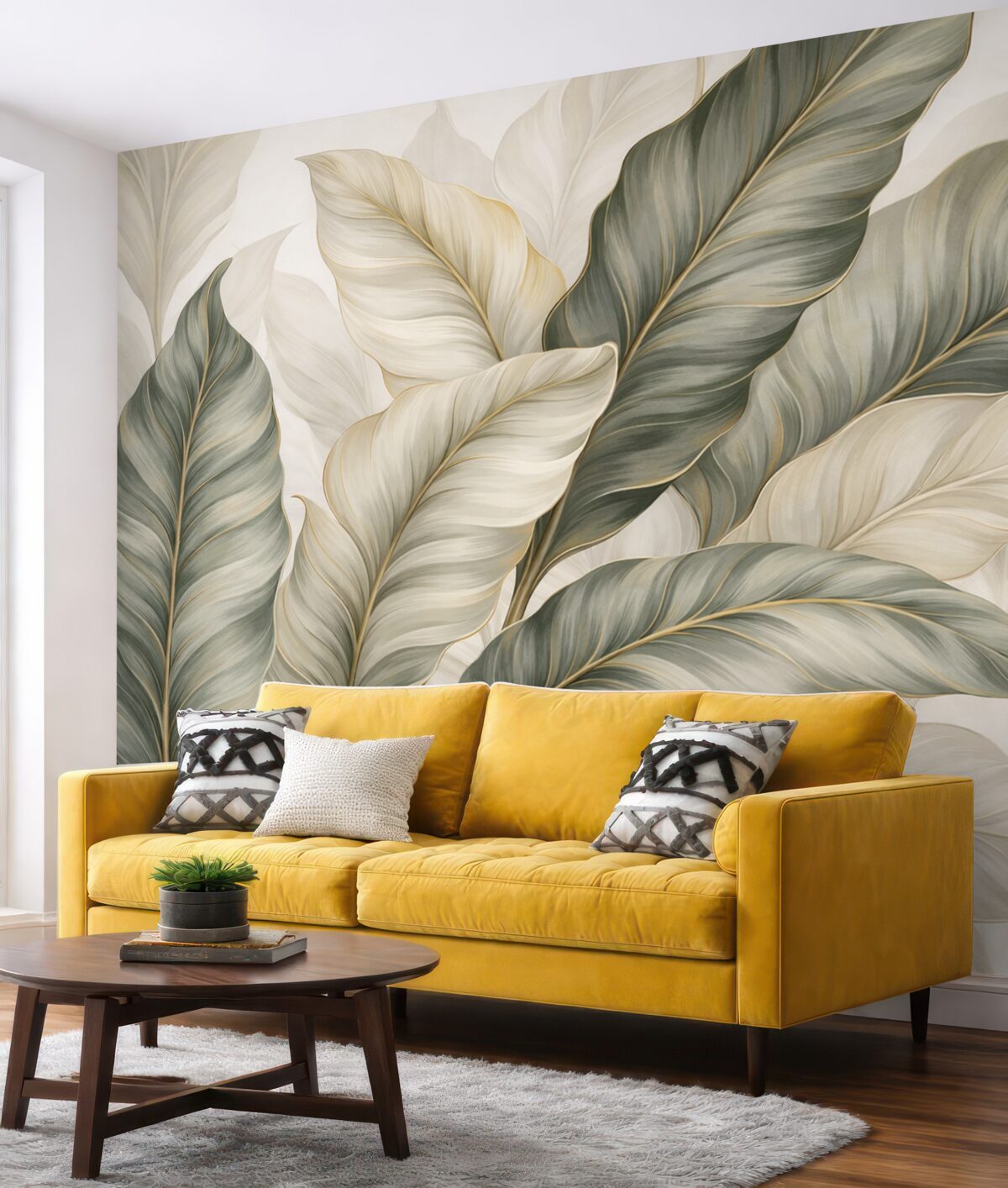 Fototapeta Wielkie, stylizowane, teksturowe liście z dokładnymi żyłkami w różnych tonacjach zieleni, kremu i beżu.