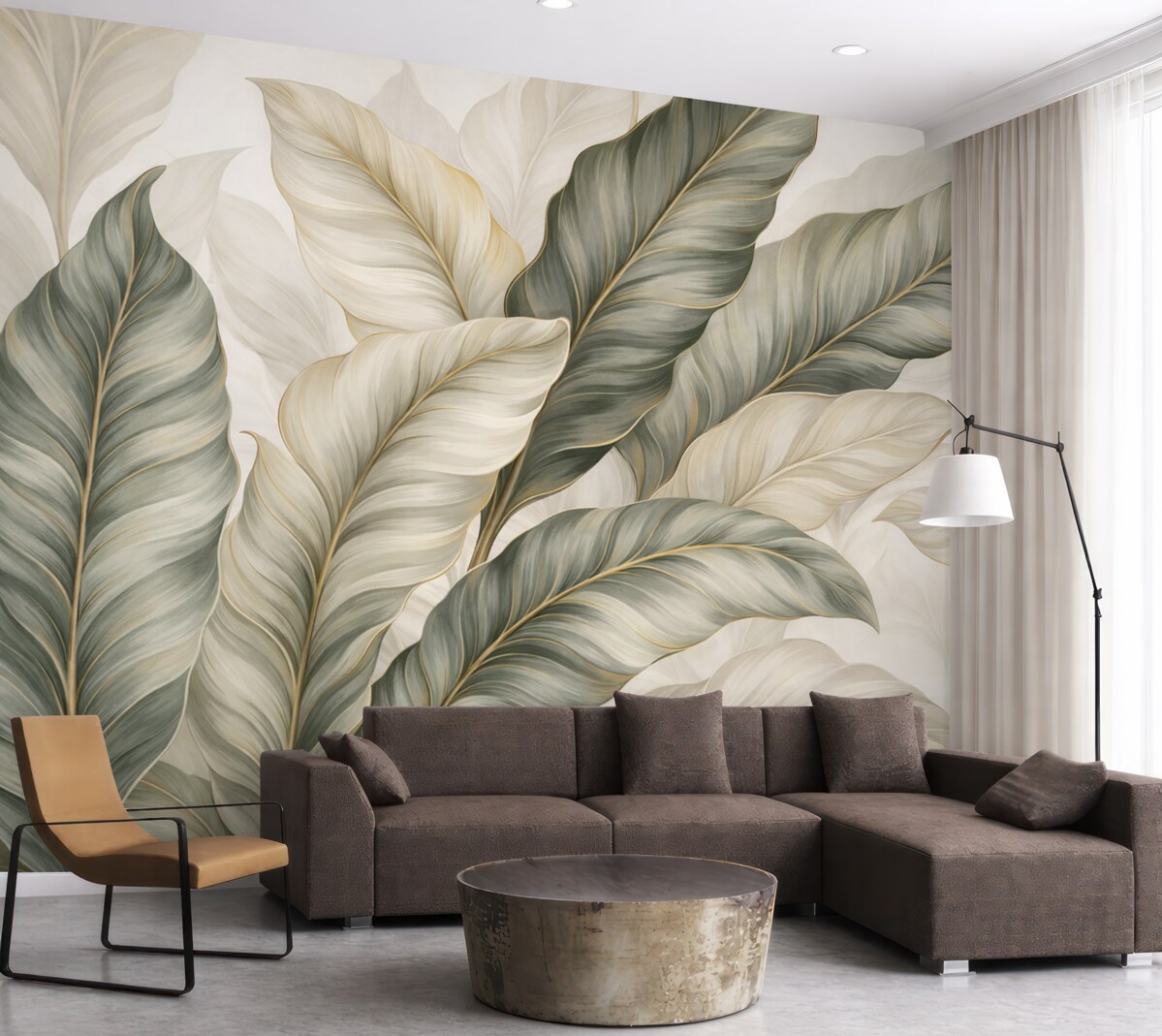 Fototapeta Wielkie, stylizowane, teksturowe liście z dokładnymi żyłkami w różnych tonacjach zieleni, kremu i beżu.