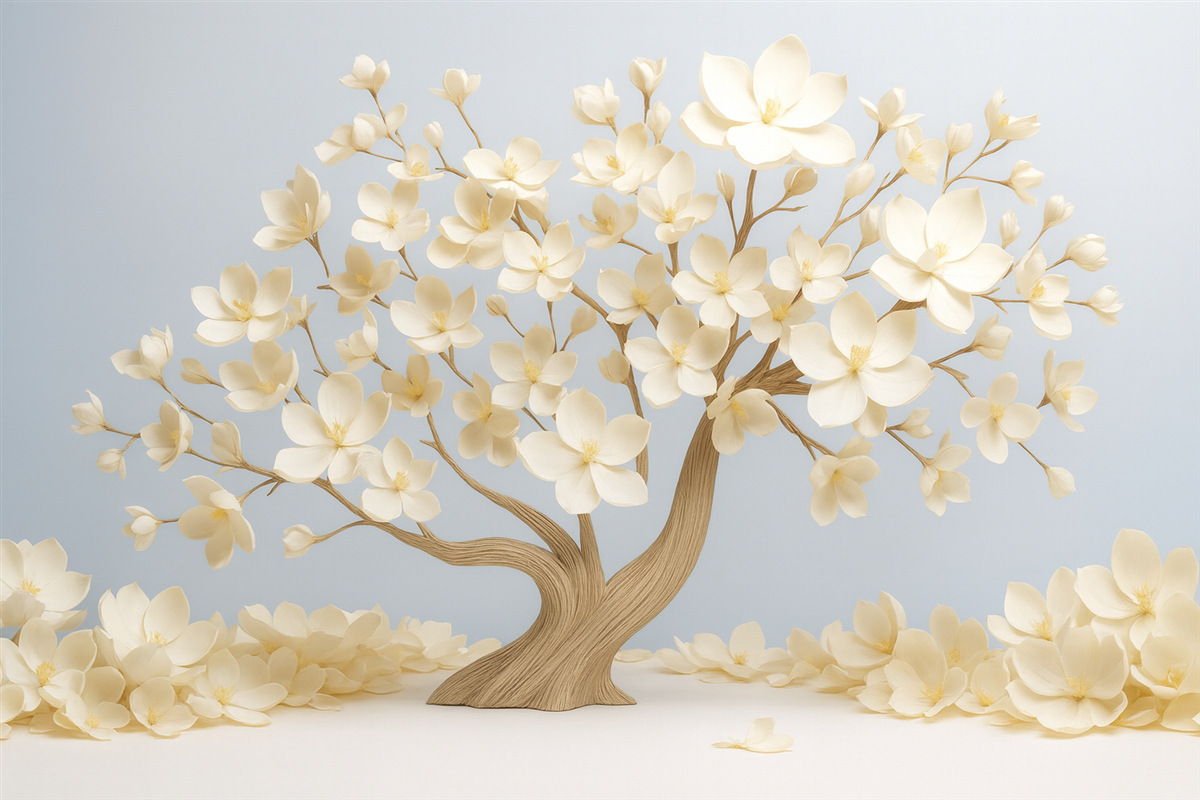 Fototapeta Drzewo z subtelnymi kwiatami na jasnoniebieskim tle.