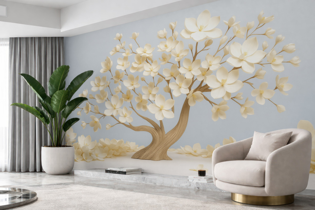 Fototapeta Drzewo z subtelnymi kwiatami na jasnoniebieskim tle.