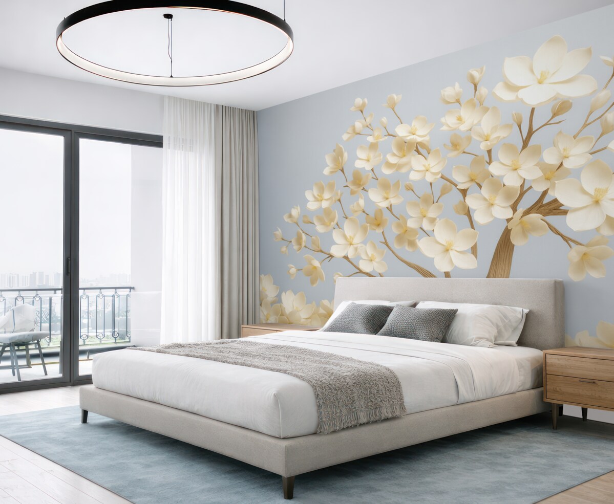 Fototapeta Drzewo z subtelnymi kwiatami na jasnoniebieskim tle.