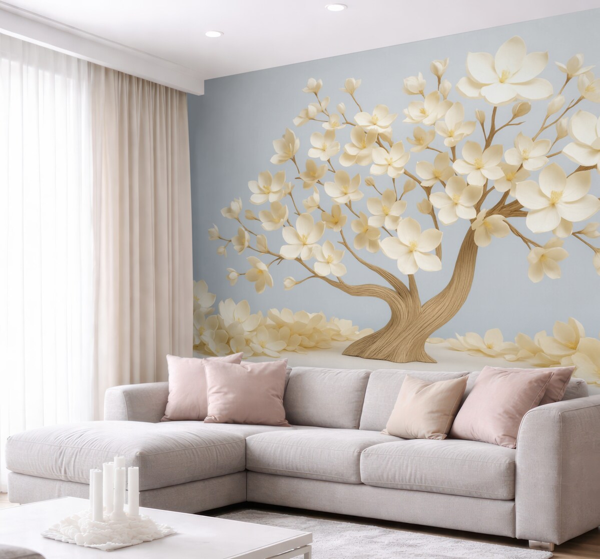 Fototapeta Drzewo z subtelnymi kwiatami na jasnoniebieskim tle.