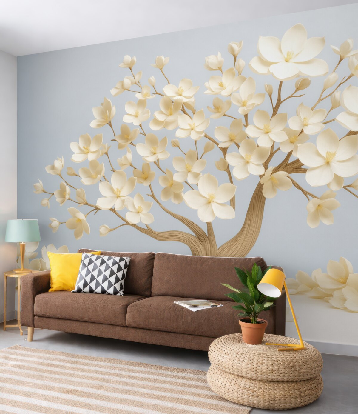 Fototapeta Drzewo z subtelnymi kwiatami na jasnoniebieskim tle.