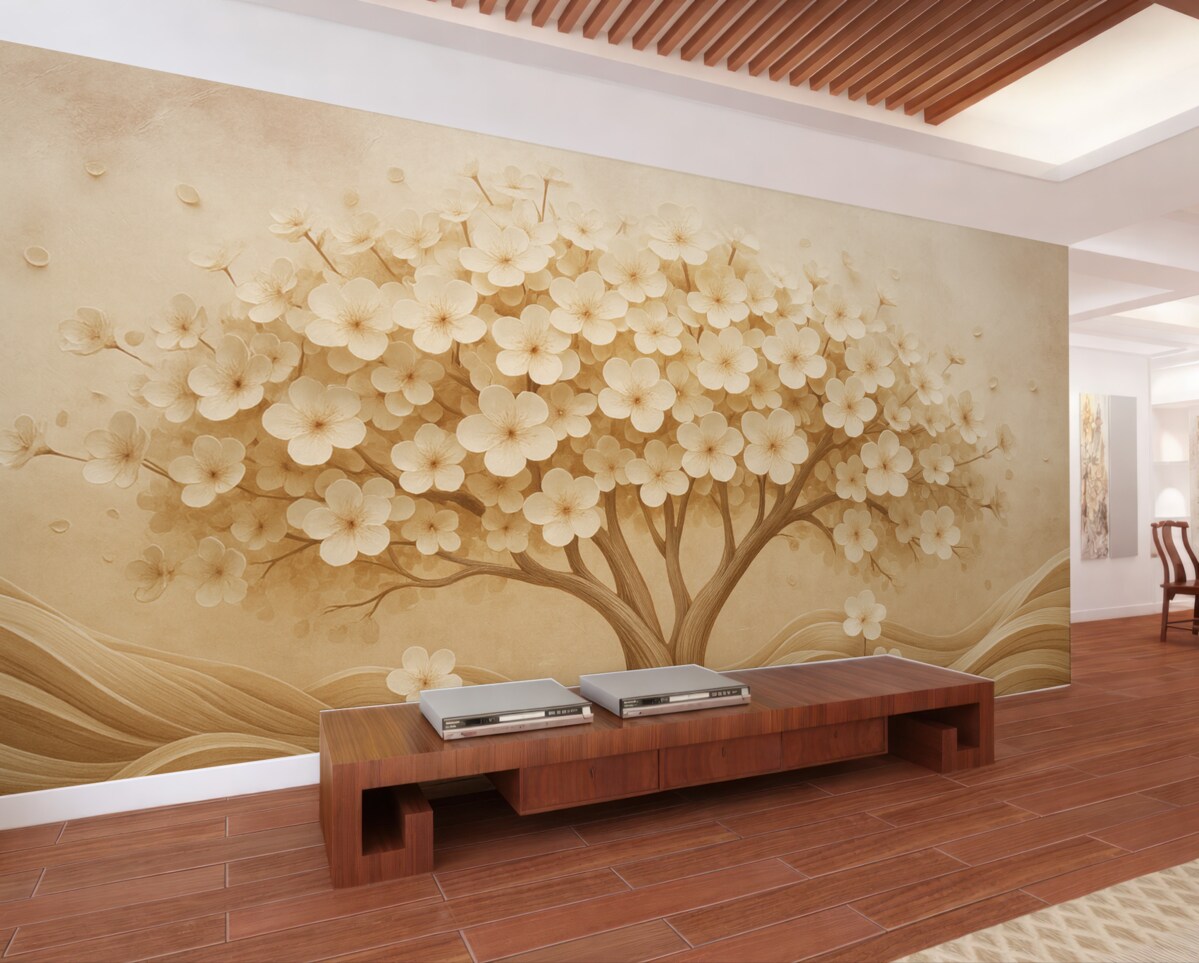 Fototapeta Abstrakcyjne drzewo z drobnymi kwiatami na tle zniszczonej ściany.