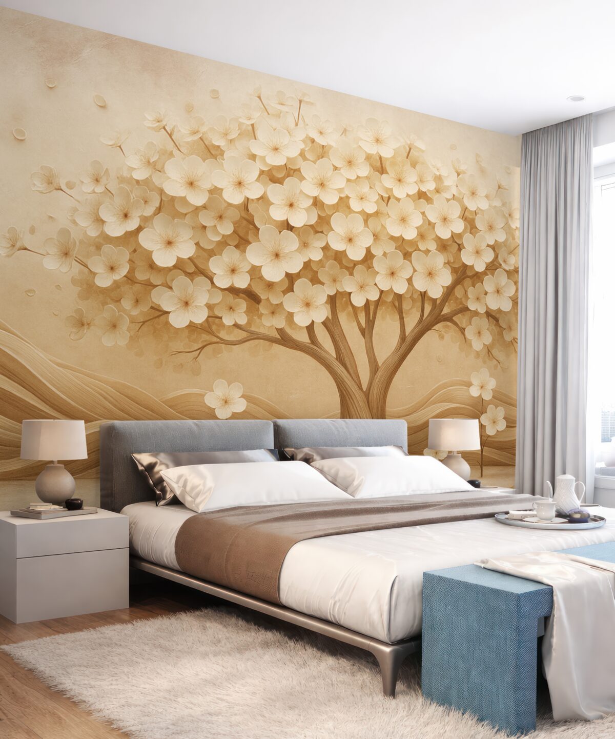 Fototapeta Abstrakcyjne drzewo z drobnymi kwiatami na tle zniszczonej ściany.