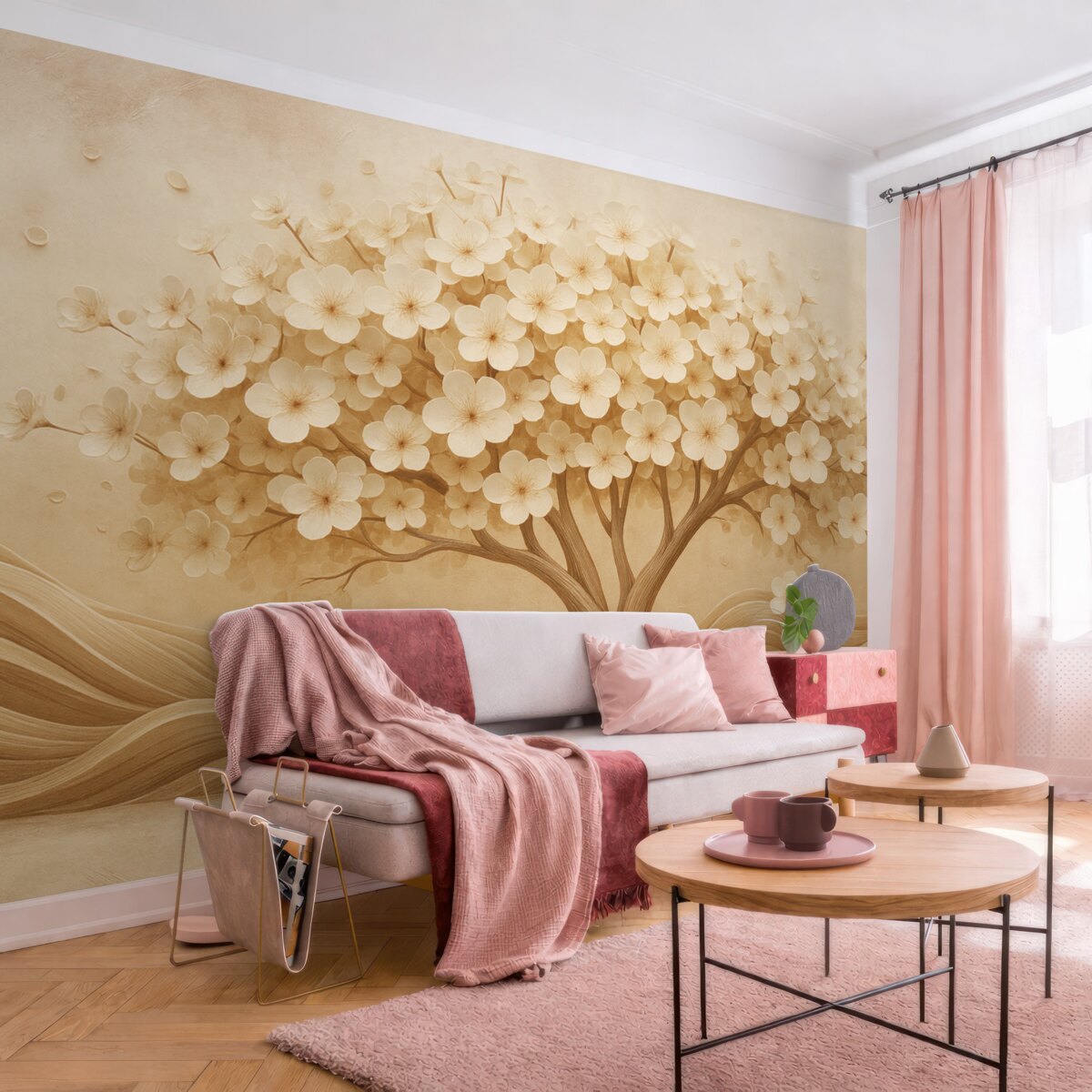 Fototapeta Abstrakcyjne drzewo z drobnymi kwiatami na tle zniszczonej ściany.