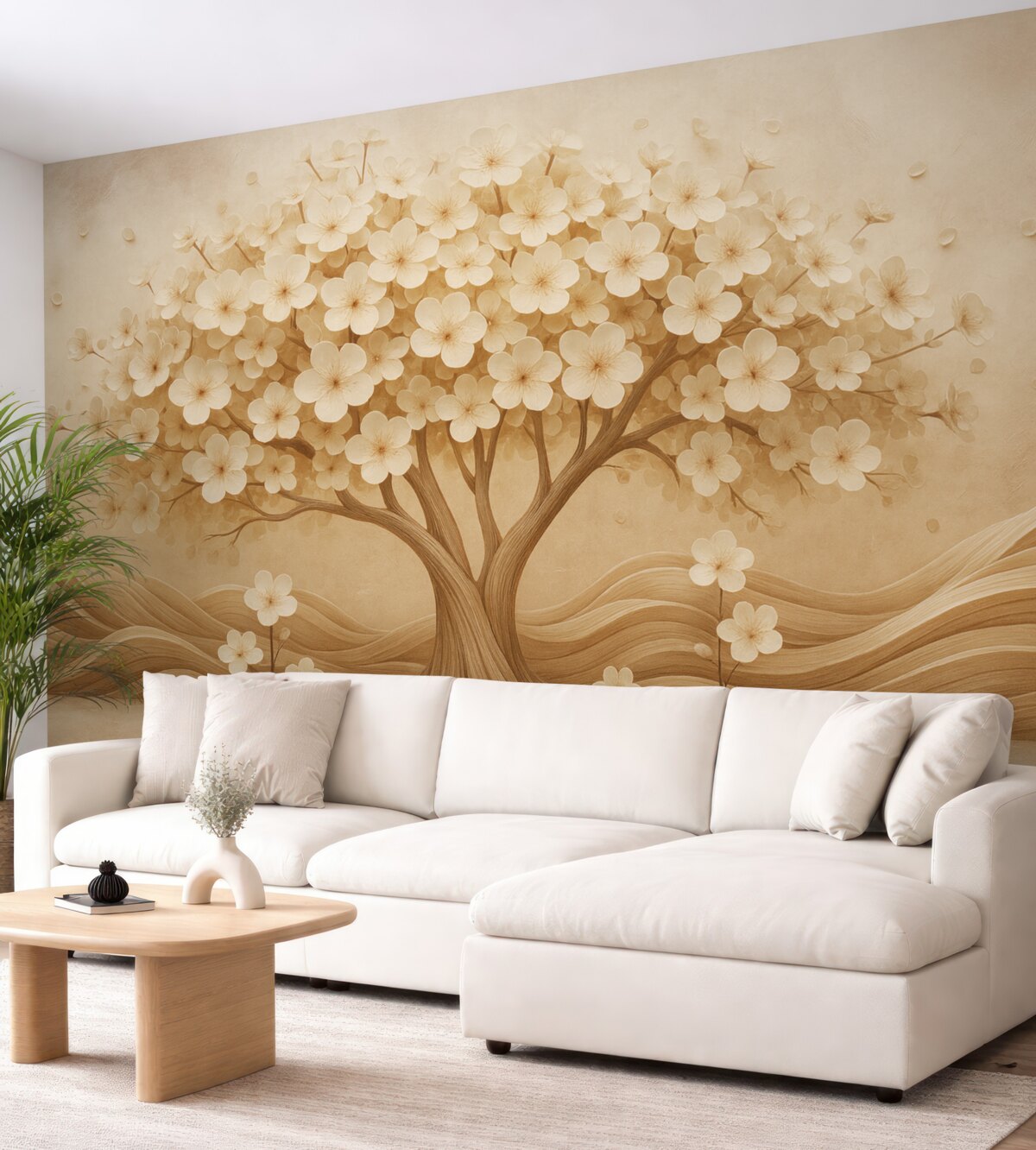 Fototapeta Abstrakcyjne drzewo z drobnymi kwiatami na tle zniszczonej ściany.