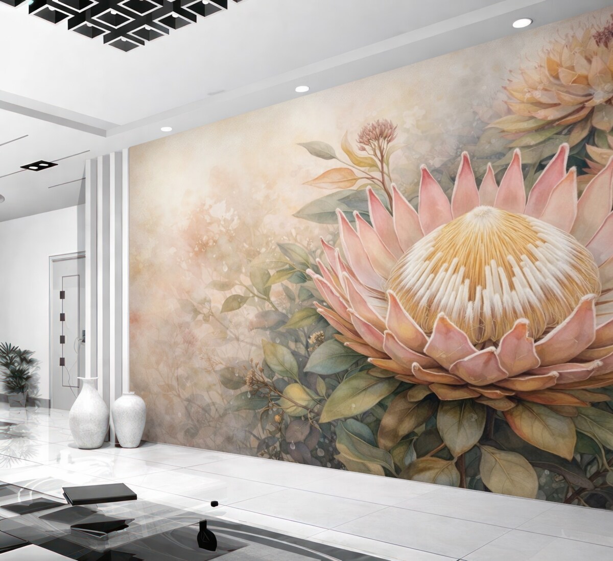 Fototapeta Naśladowanie akwareli, spore tropikalne kwiaty.