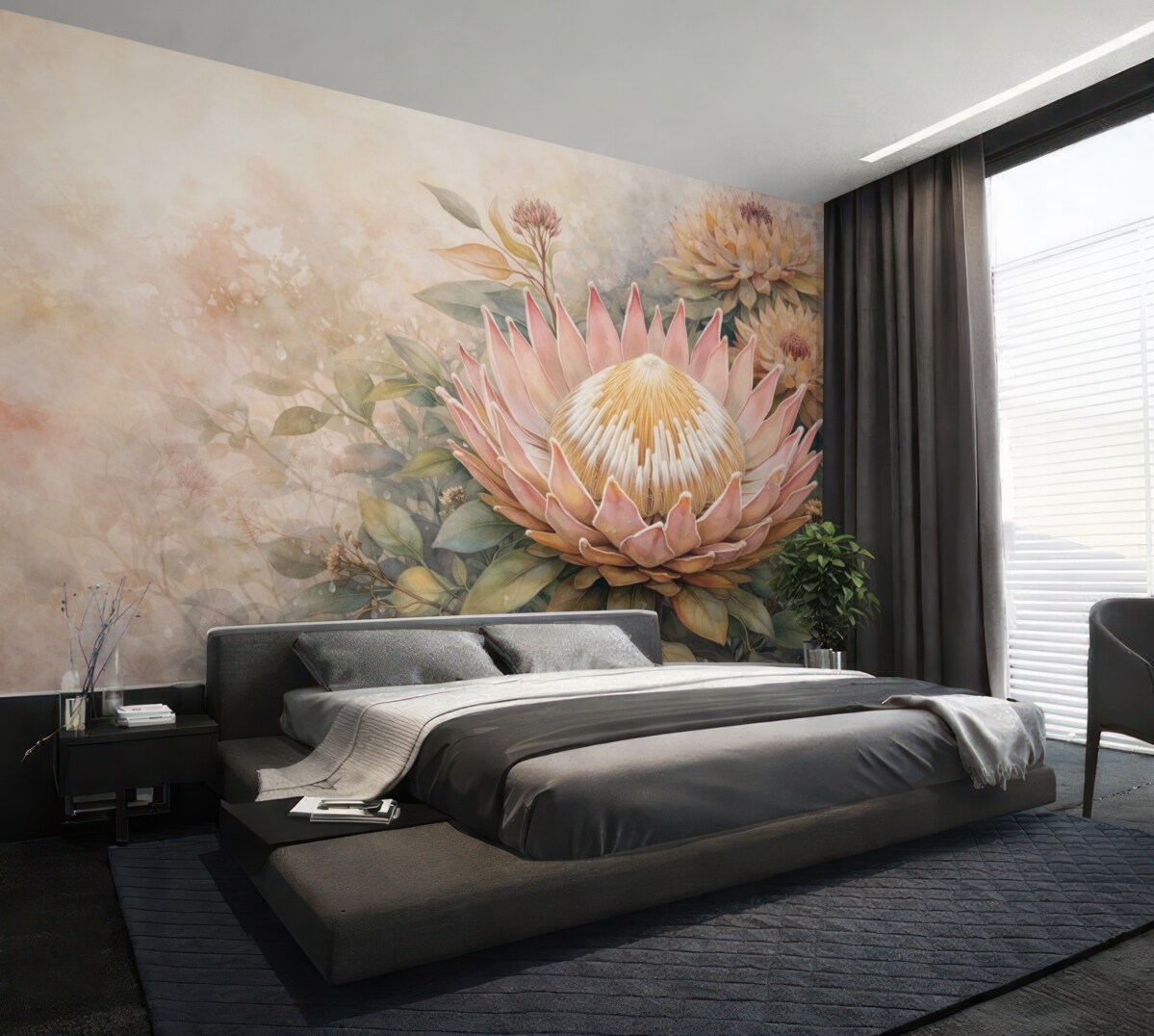 Fototapeta Naśladowanie akwareli, spore tropikalne kwiaty.