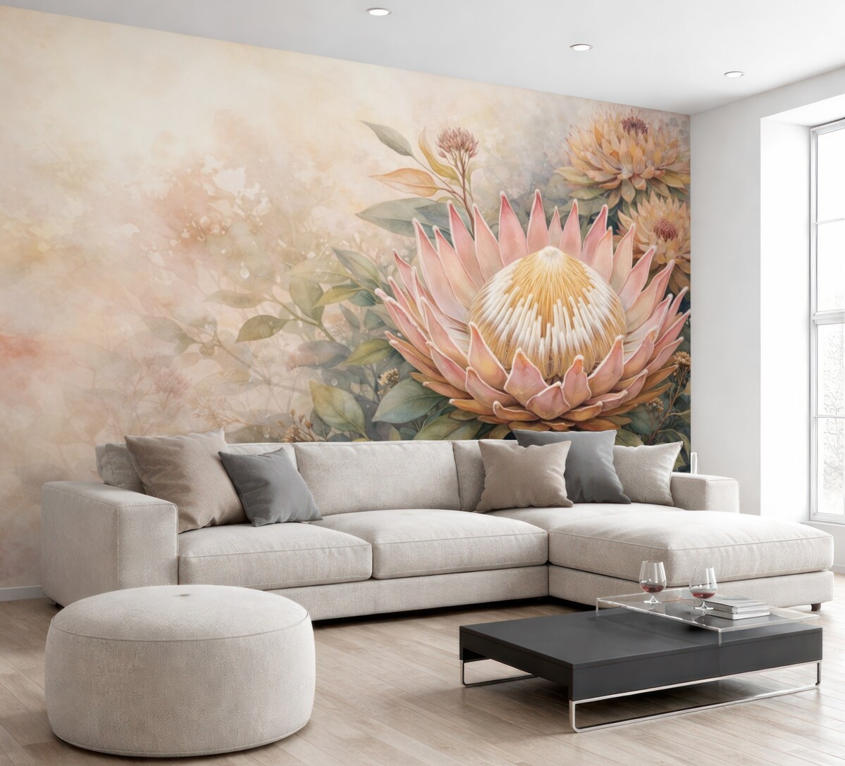 Fototapeta Naśladowanie akwareli, spore tropikalne kwiaty.