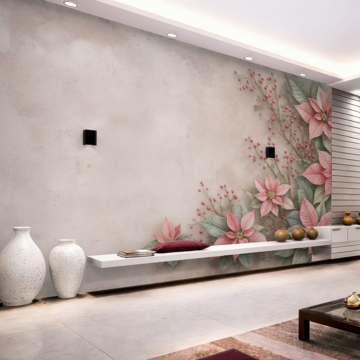 Fototapeta Kwiaty poinsecji na starzejącym się betonowym tle.