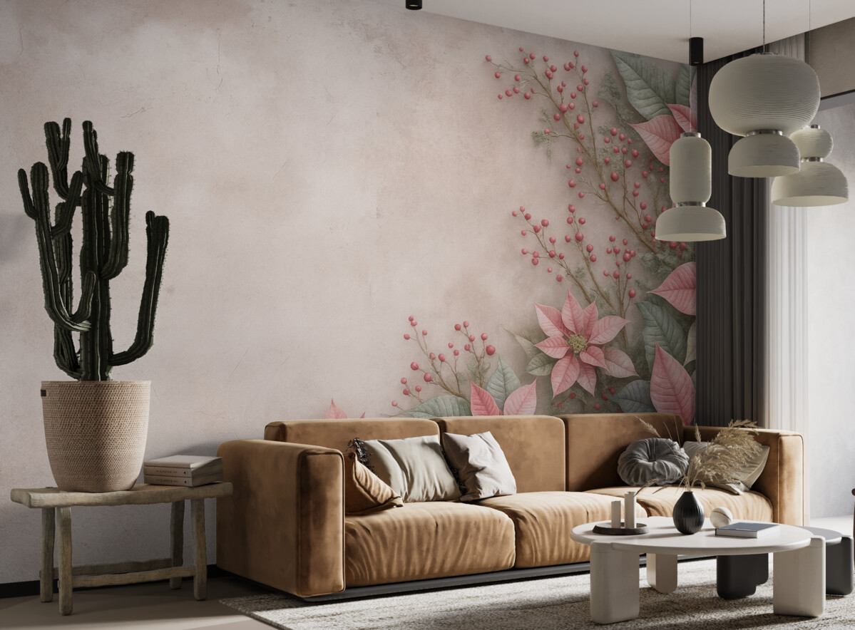 Fototapeta Kwiaty poinsecji na starzejącym się betonowym tle.