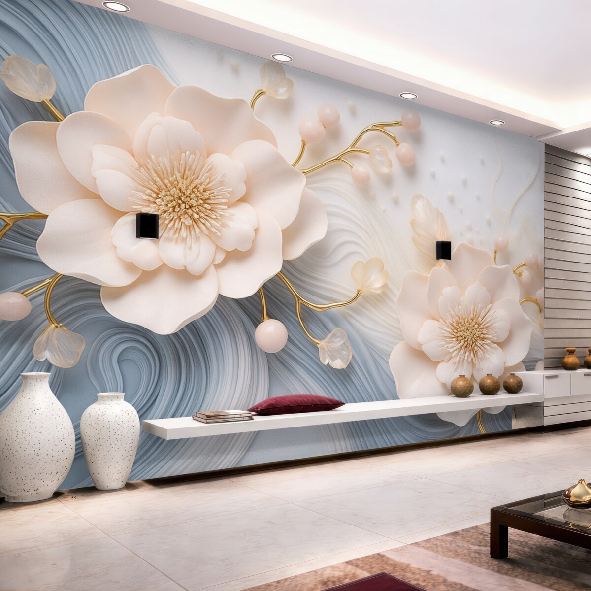 Fototapeta Tło w trójwymiarze z różowymi kwiatami i perełkami na tle niebieskich oraz białych fal.