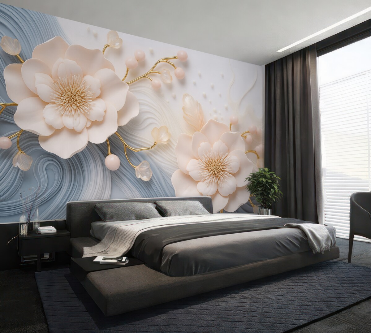 Fototapeta Tło w trójwymiarze z różowymi kwiatami i perełkami na tle niebieskich oraz białych fal.