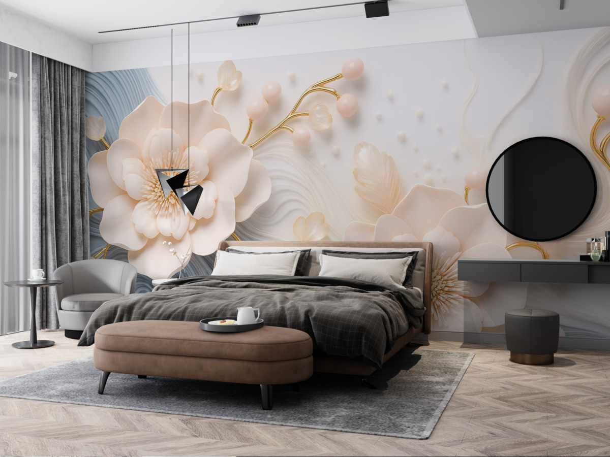 Fototapeta Tło w trójwymiarze z różowymi kwiatami i perełkami na tle niebieskich oraz białych fal.