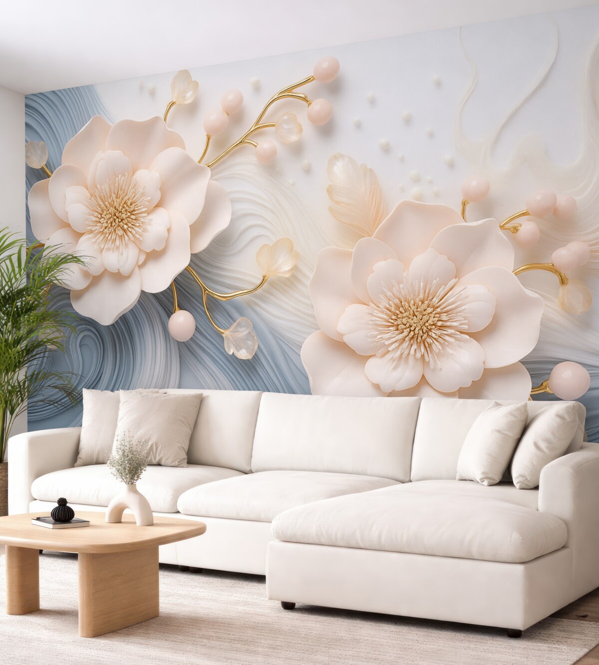 Fototapeta Tło w trójwymiarze z różowymi kwiatami i perełkami na tle niebieskich oraz białych fal.