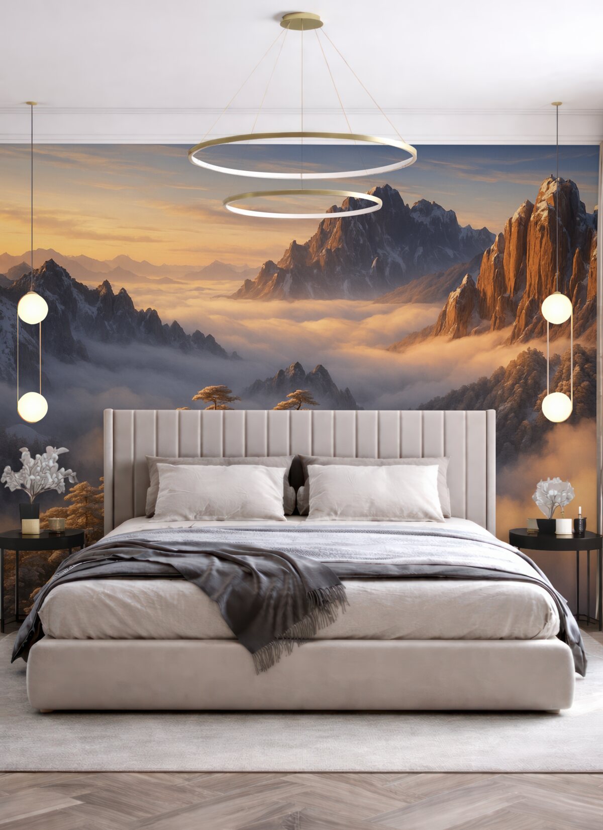 Fototapeta Cudowny górski pejzaż z mgłą oraz drzewami.