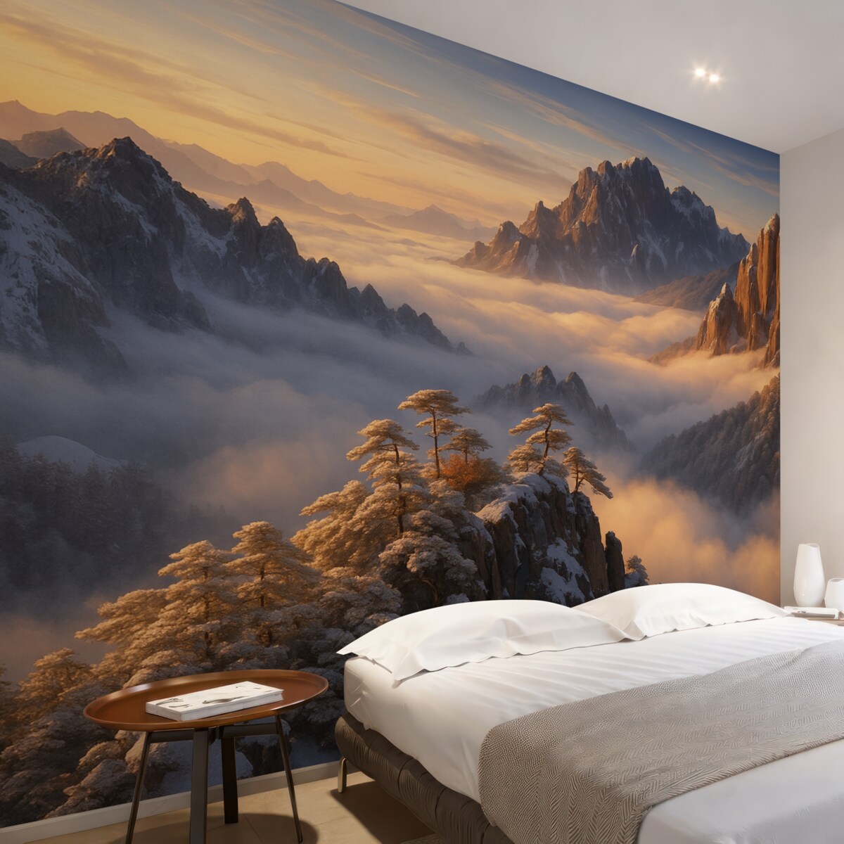 Fototapeta Cudowny górski pejzaż z mgłą oraz drzewami.