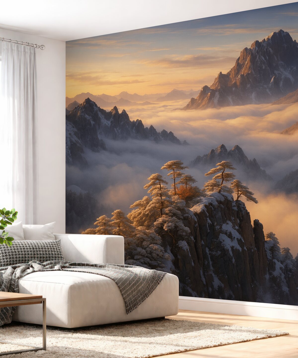 Fototapeta Cudowny górski pejzaż z mgłą oraz drzewami.