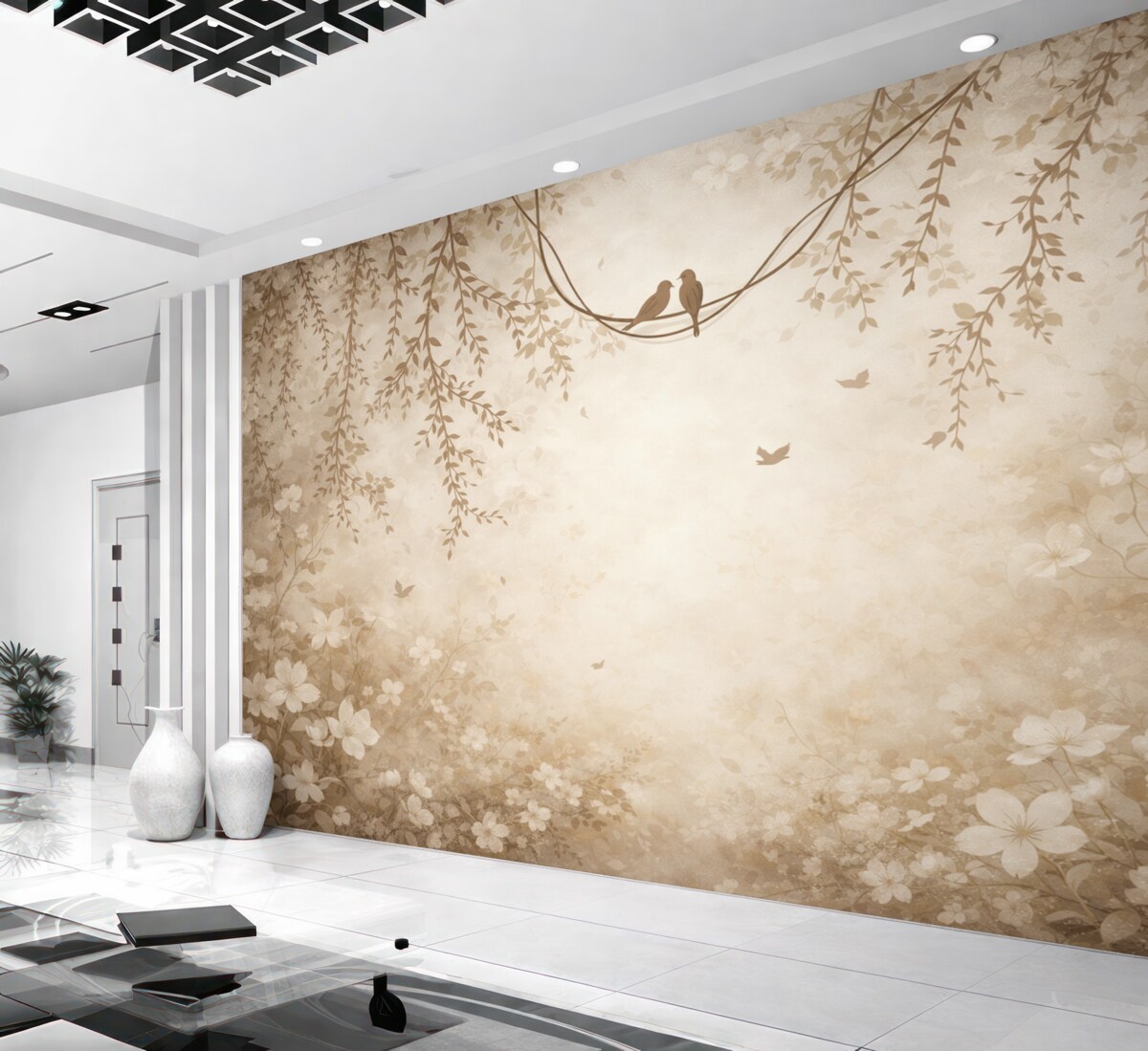 Fototapeta Ptaki z zwisającymi roślinami oraz kwiatowym motywem w jasno beżowo-kremowych tonacjach.