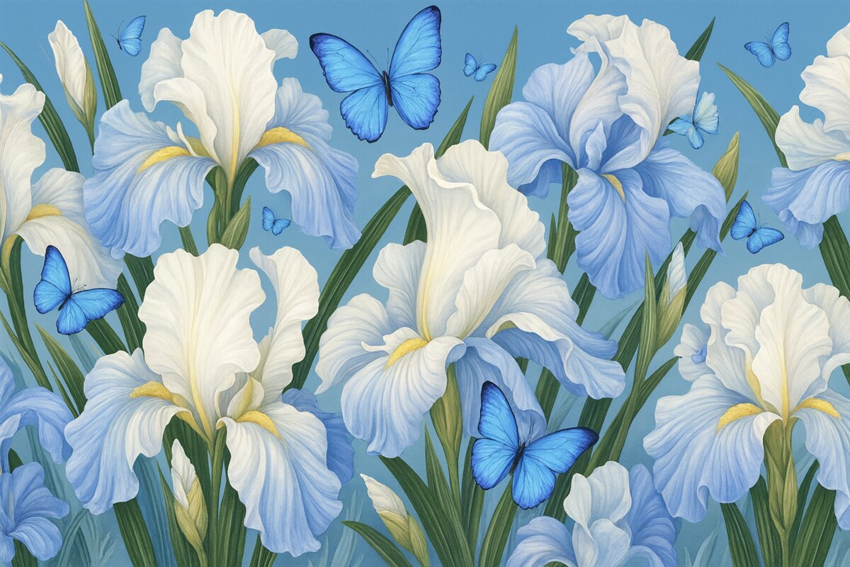 Fototapeta Białe irysy na błękitnym tle z błękitnymi motylami.