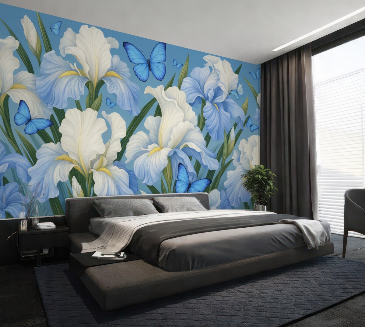 Fototapeta Białe irysy na błękitnym tle z błękitnymi motylami.