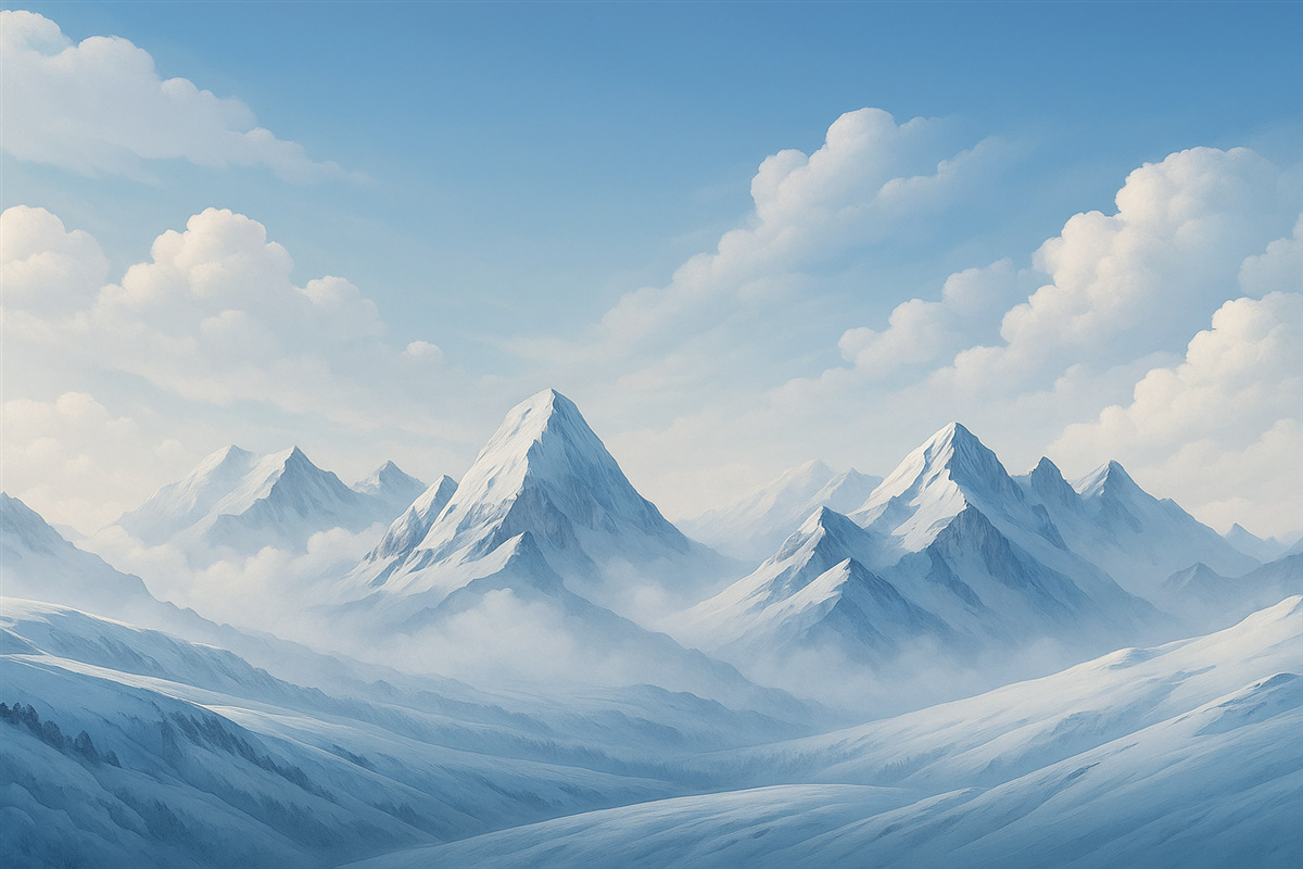 Fototapeta Minimalistyczne błękitne chmury oraz góry, zimna aura.