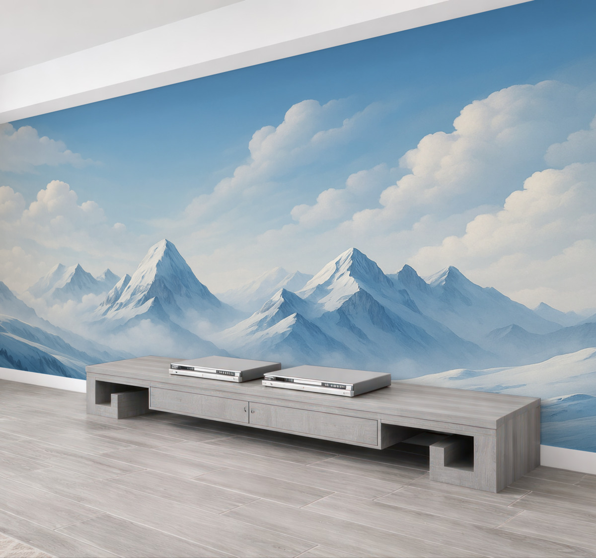 Fototapeta Minimalistyczne błękitne chmury oraz góry, zimna aura.