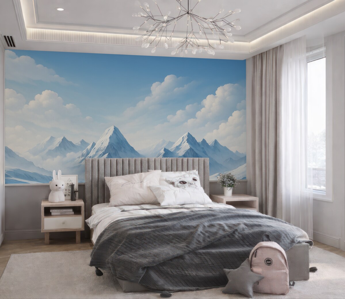 Fototapeta Minimalistyczne błękitne chmury oraz góry, zimna aura.