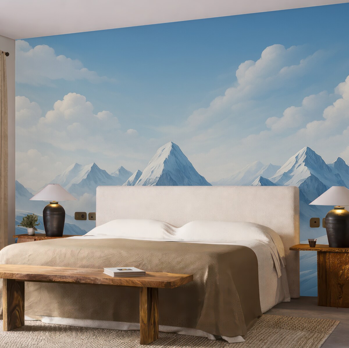 Fototapeta Minimalistyczne błękitne chmury oraz góry, zimna aura.