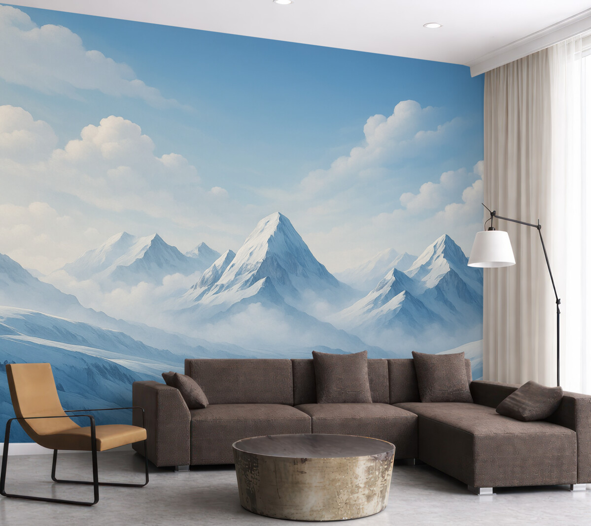 Fototapeta Minimalistyczne błękitne chmury oraz góry, zimna aura.