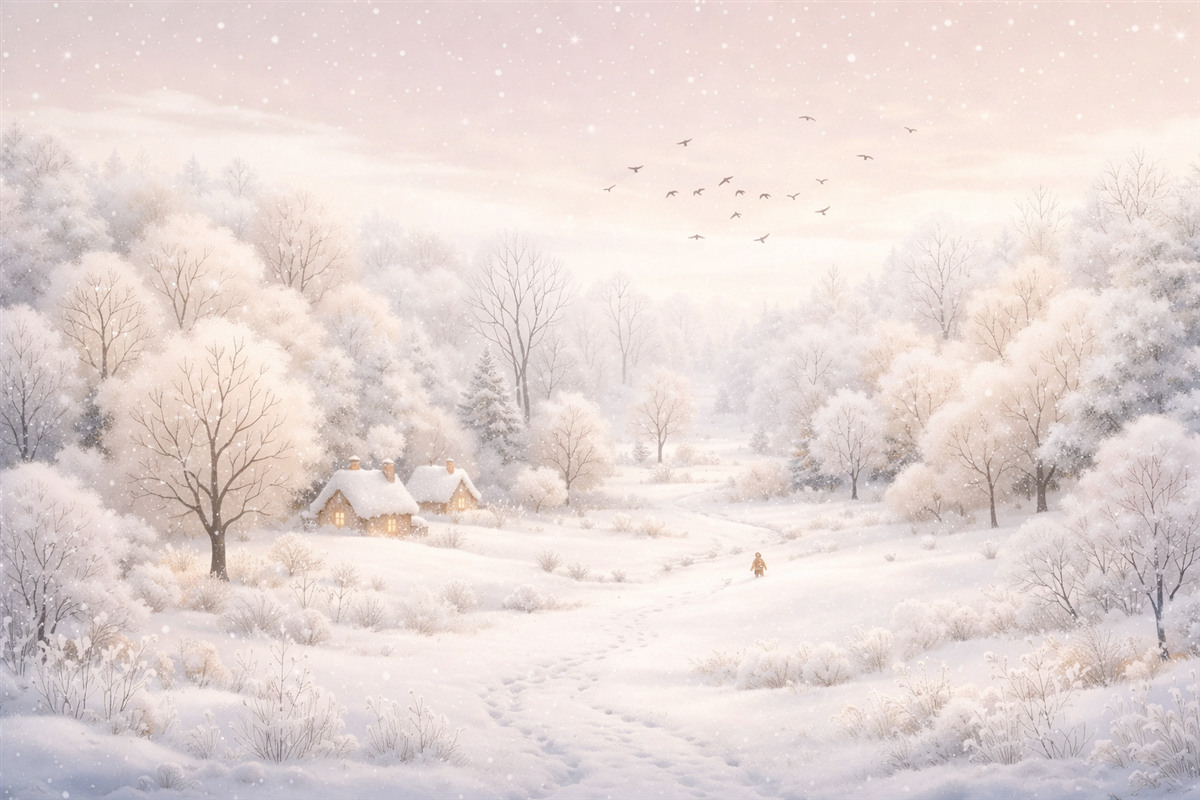 Fototapeta Zimowy las z drzewami, niewielkimi domkami, ptakami oraz śniegiem w delikatnym akwarelowym stylu.